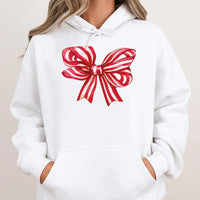 Red Striped Ribbon Sweatshirt, Christmas Bow Hoodie, Adorable Holiday Bow Hooded Pullover, Festive Christmas Graphic Hoodie, Xmas Present