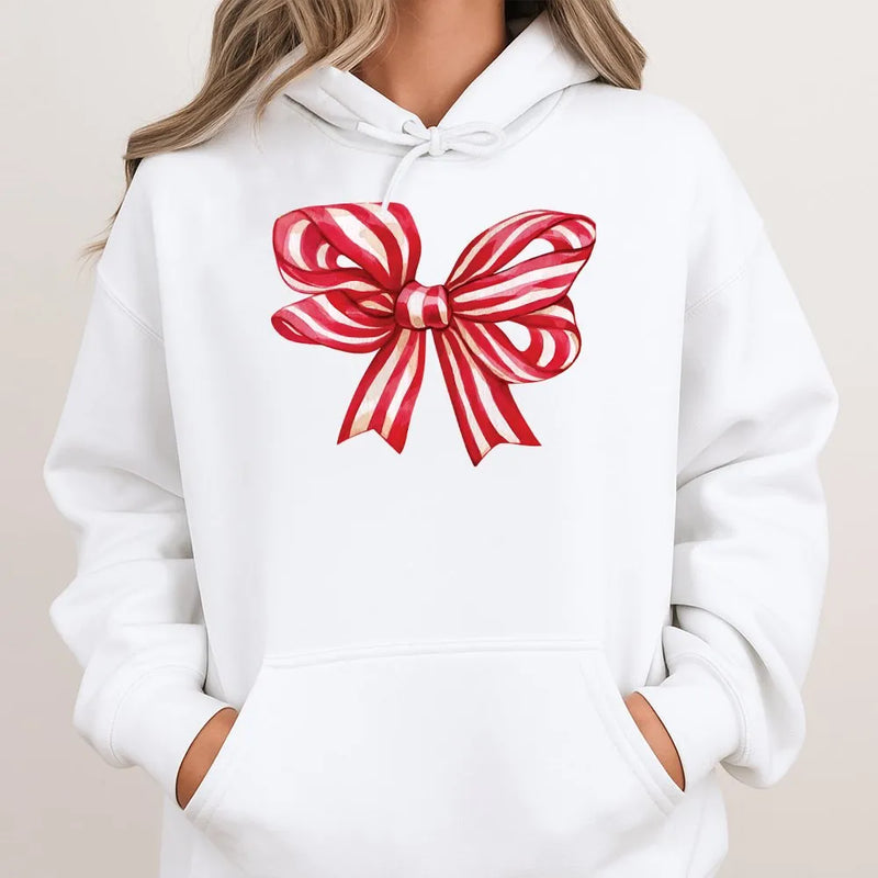 Red Striped Ribbon Sweatshirt, Christmas Bow Hoodie, Adorable Holiday Bow Hooded Pullover, Festive Christmas Graphic Hoodie, Xmas Present
