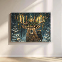 Snowy Forest Black Cat Canvas Print, Christmas Deer Canvas Wall Art, Candle Antler Stag Canvas, Whimsical Winter Holiday Home Decor Present