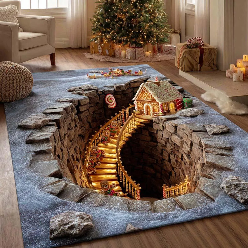 Deep Winter Christmas Area Rug, Gingerbread Cabin Stairway Rug, 3D Optical Illusion Floor Carpet, Non-Slip Holiday Home Decor Present