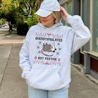 Humorous Possum Christmas Hoodie, Overstimulated but Festive Opossum Hoodie, Ugly Sweater Style Opossum Hoodie, Adorable Animal Lover Present