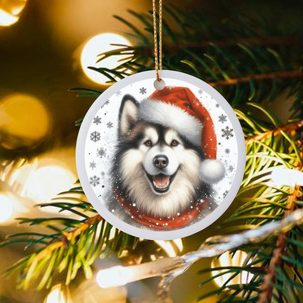 Santa Hat Malamute Dog Ornament, Alaskan Malamute Christmas Ornament, Ceramic Pet Holiday Ornament, Winter Dog Lover Keepsake