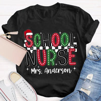 Custom Name Santa Hat Graphic Tee, Personalized School Nurse Christmas Shirt, RN Nurse Holiday T-Shirt, Healthcare Staff Xmas Present