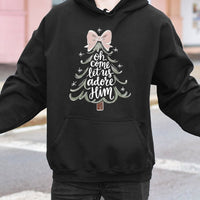 Christmas Tree Bow Sweatshirt, Oh Come Let Us Adore Him Hoodie, Christian Holiday Hooded Pullover, Religious Xmas Hoodie, Faith Present for Her