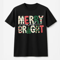 Festive Pattern Holiday T-Shirt, Merry and Bright Christmas T-Shirt, Adorable Winter Christmas T-Shirt, Merry Xmas Tee, Holiday Present for Women