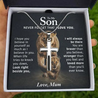 Polished Stainless Steel Cross Necklace, Lion Cross Necklace for Son, Inspirational Religious Cross Necklace, Birthday Christmas Son Present
