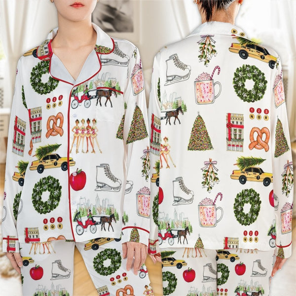 NYC Holiday Icons Pajamas, New York Christmas Satin Pajama Set, Festive City Sleepwear Set, Christmas Pajama Loungewear, NYC 