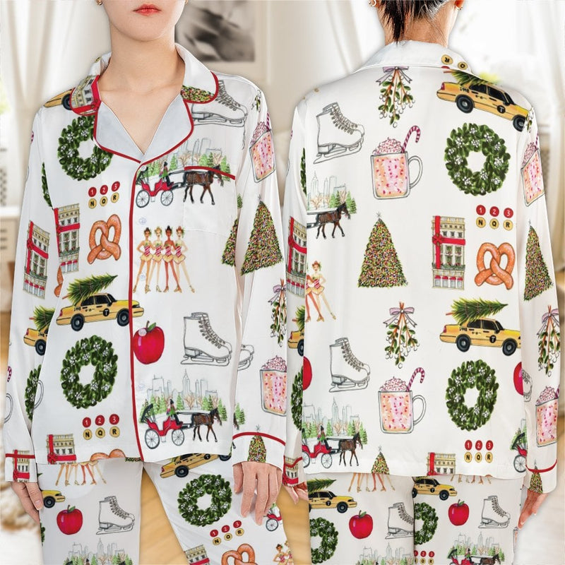 NYC Holiday Icons Pajamas, New York Christmas Satin Pajama Set, Festive City Sleepwear Set, Christmas Pajama Loungewear, NYC Fan Present