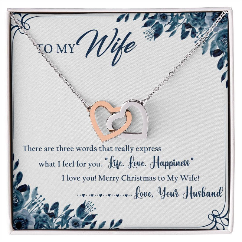 Rose Gold Two Hearts Pendant, Wife Interlocking Hearts Necklace, Cubic Zirconia Heart Necklace, Romantic Christmas Jewelry Present for Her