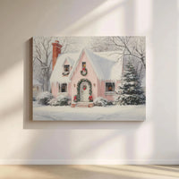 Snowy Winter Landscape Canvas Print, Pink Christmas Cottage Canvas Wall Art, Vintage Holiday Wall Decor, Comfy Seasonal Home Decor Present