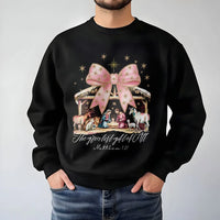Coquette Pink Bow Manger Sweatshirt, Nativity Christmas Sweatshirt, Adorable Christian Holiday Crewneck, Religious Faith Graphic Winter Sweater