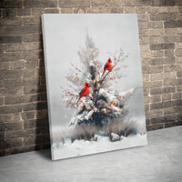 Snowy Winter Pine Tree Canvas, Red Cardinal Canvas Wall Art, Cardinal with Red Berries Canvas Print, Christmas Holiday Seasonal Wall Decor
