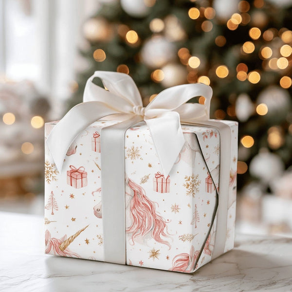 Pink Gold Unicorn Gift Wrap, Unicorn Christmas Wrapping Paper, Whimsical Holiday Wrapping Paper, Magical Xmas Unicorn Wrappin