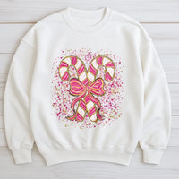 Coquette Candy Cane Sweater, Pink Candy Cane Sweatshirt, Pink Holiday Bow Crewneck, Adorable Winter Pullover, Christmas Present for Her