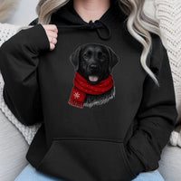 Adorable Dog Red Scarf Hoodie, Black Labrador Christmas Hoodie, Festive Pet Lover Sweatshirt, Black Lab Hooded Sweatshirt, Winter Dog Mom Present