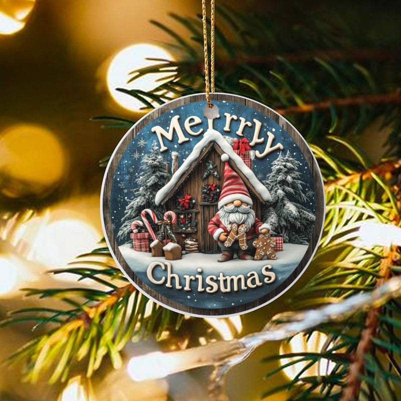 Snowy Cabin Gingerbread Gnome Ornament, Christmas Gnome Ceramic Ornament, Holiday Tree Ceramic Ornament, Adorable Winter Keepsake Decor Present
