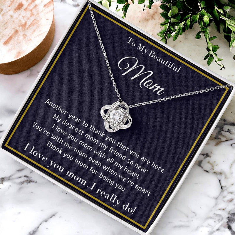Cubic Zirconia Pendant Necklace, Love Knot Necklace for Mom, 14k White Gold Finish Jewelry, Meaningful Mother Christmas Present, Birthday Present