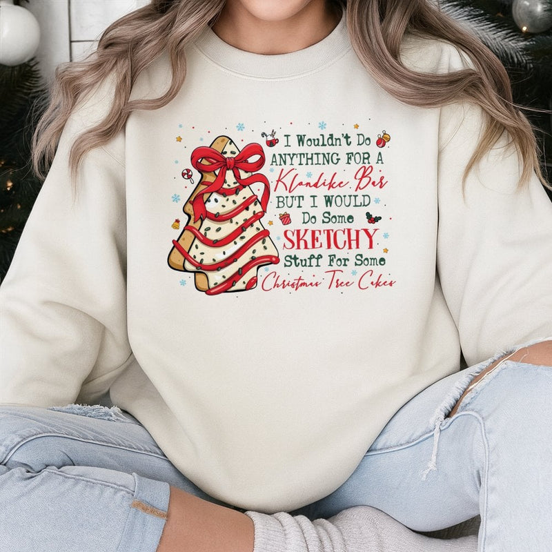 Humorous Coquette Aesthetic Holiday Sweater, Christmas Tree Cake Sweatshirt, Adorable Nostalgic Snack Crewneck, Festive Xmas Season Pullover