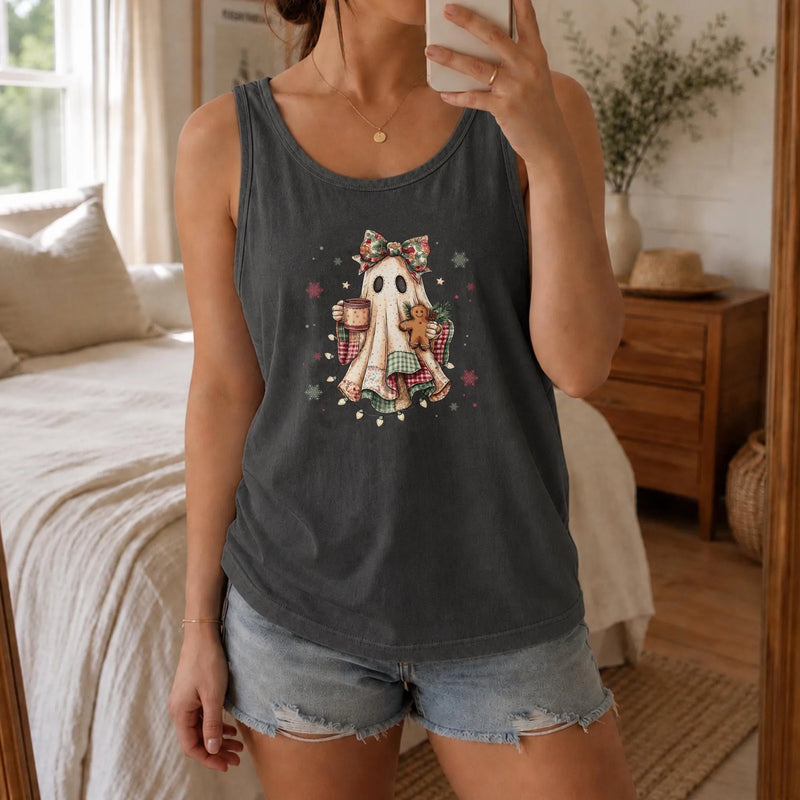 Comfy Ghost with Gingerbread Tank, Christmas Ghost Tank Top, Creepmas Ghost Graphic Tank, Vintage Holiday Sleeveless Tee, Christmas Present
