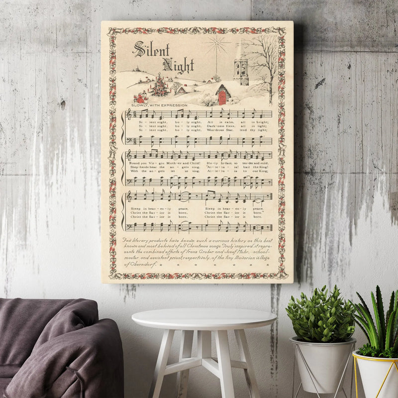 Vintage Christmas Carol Canvas Print, Silent Night Sheet Music Canvas Wall Art, Holiday Hymn Canvas Decor, Festive Winter Music Wall Art