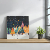 Folk Art Winter Forest Canvas Art, Whimsical Christmas Trees Canvas Print, Colorful Night Sky Wall Canvas, Holiday Season Decor Canvas Present