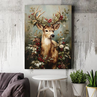 Festive Woodland Animal Canvas Print, Christmas Deer Canvas Wall Art, Winter Berries Deer Canvas Decor, Holiday Wall Art Frameless Canvas