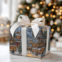 Festive Town Square Gift Wrap, Snowy Night Christmas Village Wrapping Paper, Winter Holiday Wrapping Paper, Comfy Nighttime Gift Wrap Roll