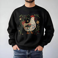 Folk Art Rooster Graphic Holiday Sweater, Christmas Chicken Sweatshirt, Comfy Country Farmhouse Crewneck, Winter Farmer Pullover