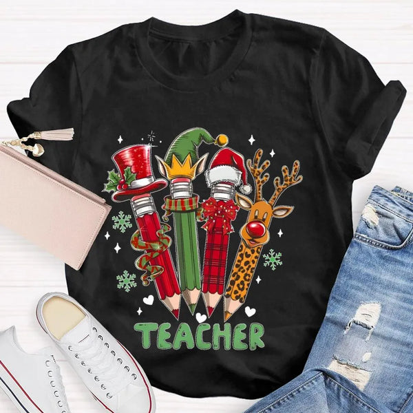 Reindeer Antlers Educator Graphic Tee, Christmas Pencil Deer Teacher Shirt, Festive Classroom Holiday T-Shirt, Teacher Xmas P