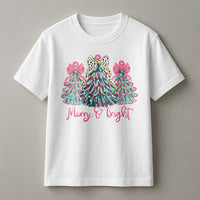 Leopard Print Tree Shirt, Merry and Bright Christmas T-Shirt, Colorful Holiday Graphic Tee, Festive Winter Xmas T-Shirt, Present for Women