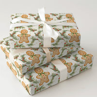 Watercolor Holly Pine Gift Wrap, Gingerbread Man Christmas Wrapping Paper, Festive Holiday Wrapping Paper, Cookie Seasonal Present Packaging