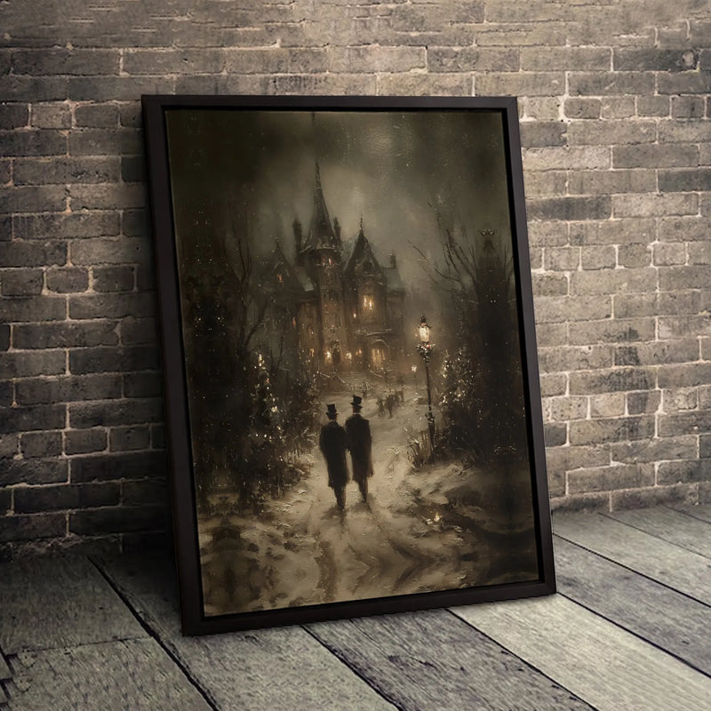 Snowy Christmas Night Canvas Art, Gothic Victorian Mansion Canvas Print, Winter Landscape Canvas Decor, Dark Cottagecore Housewarming Present