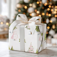 Pink Green Trees Holiday Wrapping Paper, Watercolor Christmas Tree Wrapping Paper, Festive Xmas Wrapping Paper Roll, Modern Winter Gift Wrap