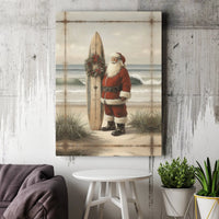 Christmas Wreath Surfer Santa Canvas Print, Surfing Santa Coastal Wall Art, Holiday Beach House Decor, Tropical Christmas Canvas Art