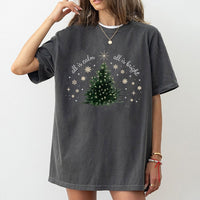 Minimalist Christian Holiday Tee, All Is Calm All Is Bright Christmas Tree T-Shirt, Silent Night Bible Verse Shirt, Winter Xmas Top