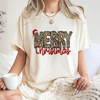 Leopard Print Graphic Holiday Tee, Merry Christmas T-Shirt, Buffalo Plaid Christmas Shirt, Adorable Festive Xmas Graphic Tee for Women