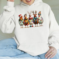 Farm Animal Holiday Lights Hoodie, Humorous Christmas Chicken Hoodie, Adorable Country Xmas Winter Hoodie, Festive Chicken Lover Pullover Present