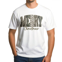 Distressed Checkered Christmas Shirt, Merry Christmas Camo T-Shirt, Camouflage Holiday Graphic Tee, Unisex Festive Xmas T-Shirt Present for Men