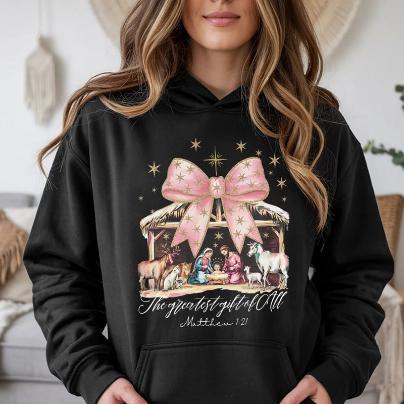 The Greatest Present of All Hoodie, Nativity Scene Hoodie, Christian Bow Graphic Hooded Sweatshirt, Religious Christmas Pullover Hoodie