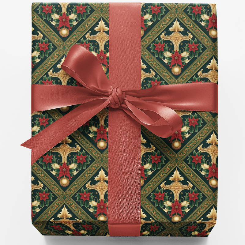 Elegant Damask Gift Wrap Roll, Victorian Poinsettia Wrapping Paper, Vintage Floral Christmas Wrapping Paper, Holiday Present Packaging