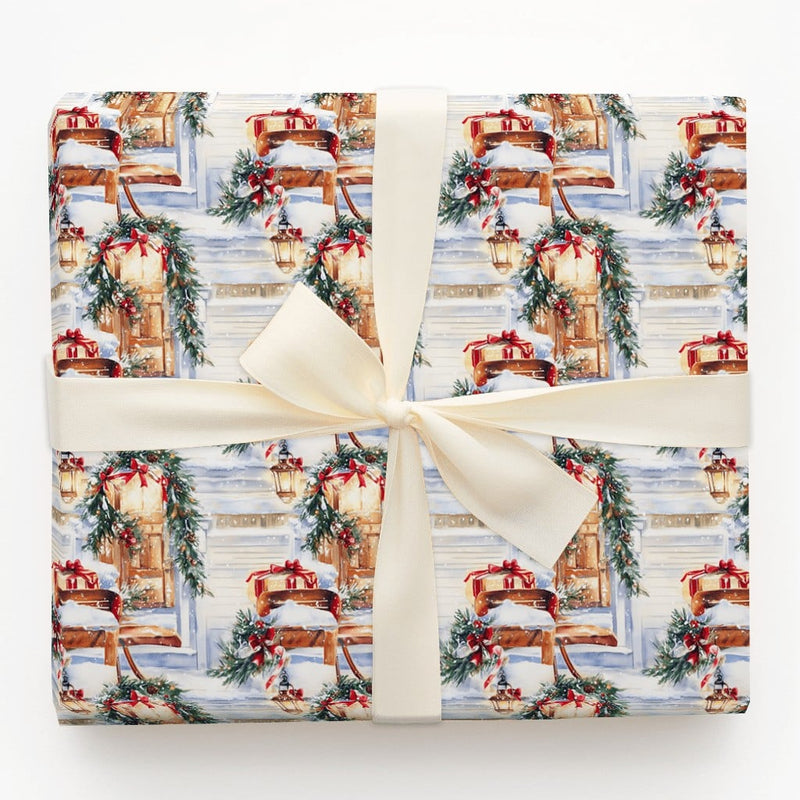 Winter Sled Holiday Gift Wrap, Snowy Front Porch Christmas Wrapping Paper, Rustic Cottage Porch Wrapping Paper, Festive Winter Gift Wrap