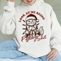 Sarcastic Holiday Kitten Graphic Sweatshirt, Humorous Cat Christmas Hoodie, Festive Grumpy Cat Xmas Pullover, Adorable Cat Lover Winter Present