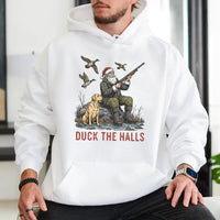 Santa Duck Hunting Labrador Sweatshirt, Duck the Halls Christmas Hoodie, Humorous Xmas Hunter Hoodie, Holiday Outdoorsman Hooded Sweater