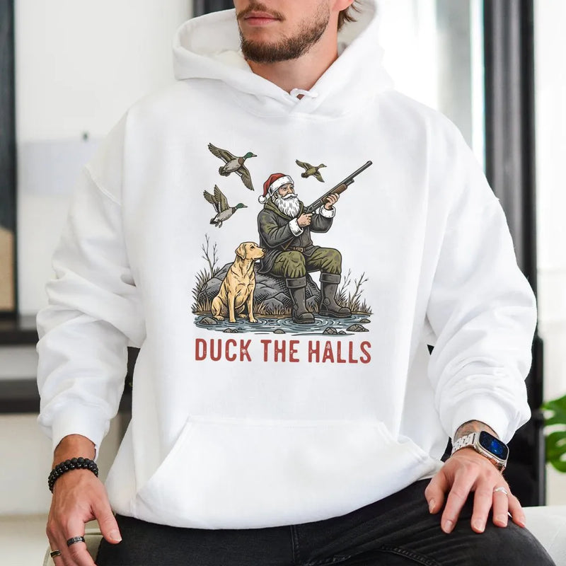 Santa Duck Hunting Labrador Sweatshirt, Duck the Halls Christmas Hoodie, Humorous Xmas Hunter Hoodie, Holiday Outdoorsman Hooded Sweater