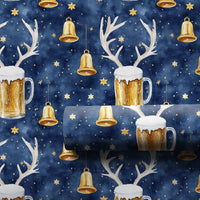 Reindeer Antler Beer Mug Gift Wrap, Rein-Beer Christmas Wrapping Paper, Humorous Holiday Beer Lover Wrapping Paper, Winter Night Sky Gift Wrap