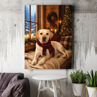 Comfy Cabin Plaid Scarf Holiday Dog Portrait, Yellow Labrador Christmas Canvas Print, Winter Pet Decor, Lab Lover Digital Download