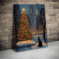 NYC Winter Snow Canvas Print, Black Cat Christmas Canvas Art, Impressionist Holiday Canvas Wall Art, Snowy City Wall Decor, Cat Lover Present