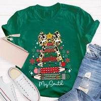 Bow and Colored Pencil Holiday Graphic Tee, Personalized Christmas Tree T-Shirt, Custom Teacher Christmas Shirt, Adorable School Holiday Tee