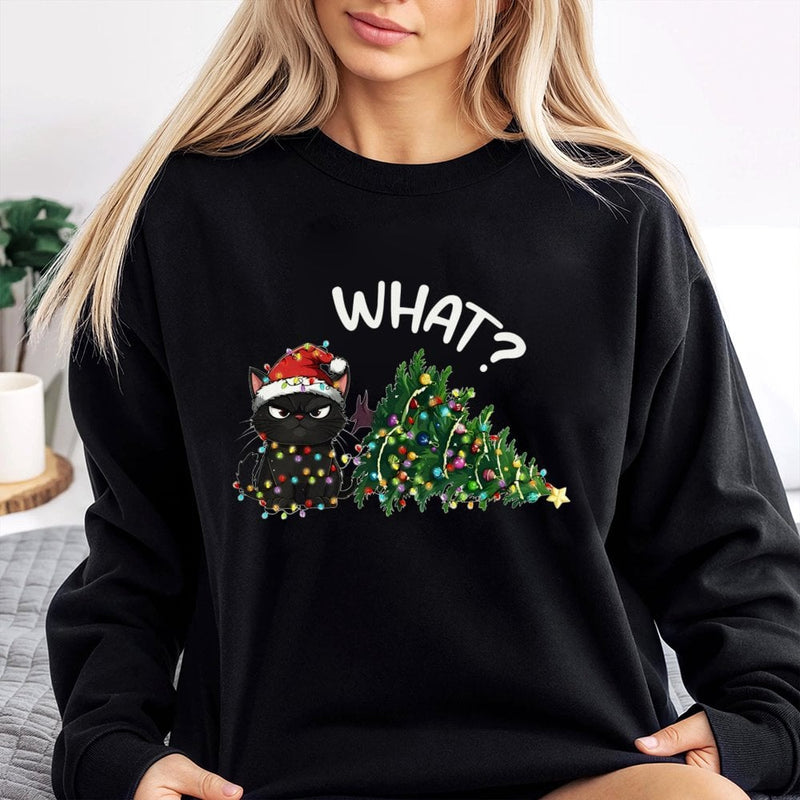 Humorous What Cat Tree Crewneck, Grumpy Black Cat Christmas Sweatshirt, Sarcastic Holiday Cat Sweater, Adorable Pet Lover Xmas Present for Mom