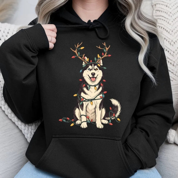 Reindeer Antler Dog Hooded Sweatshirt, Christmas Lights Husky Hoodie, Siberian Husky Pullover, Humorous Holiday Dog Sweater, 